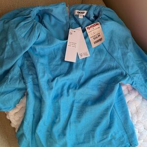 DKNY Bright Turquoise Puff-Sleeve Top